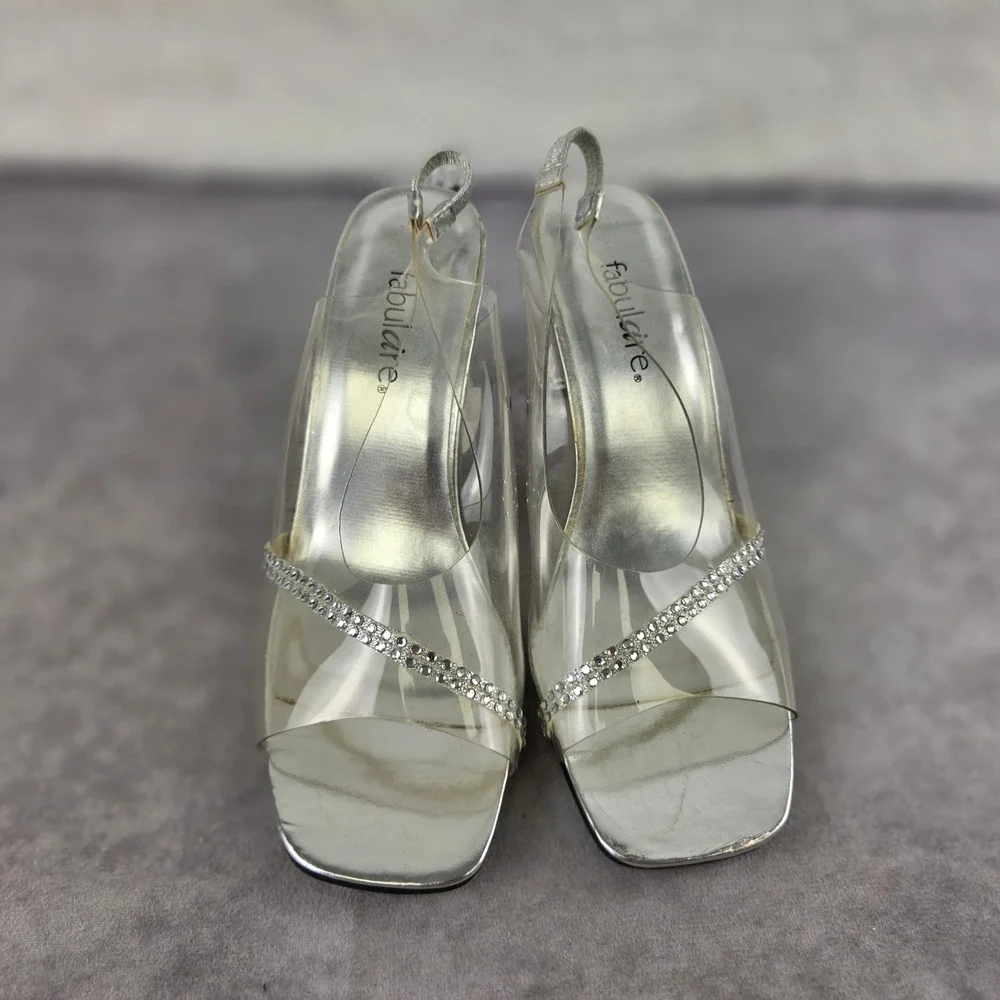 Fabulaire Silver Clear Rhinestone Slingback Block Heels Sandals S2173